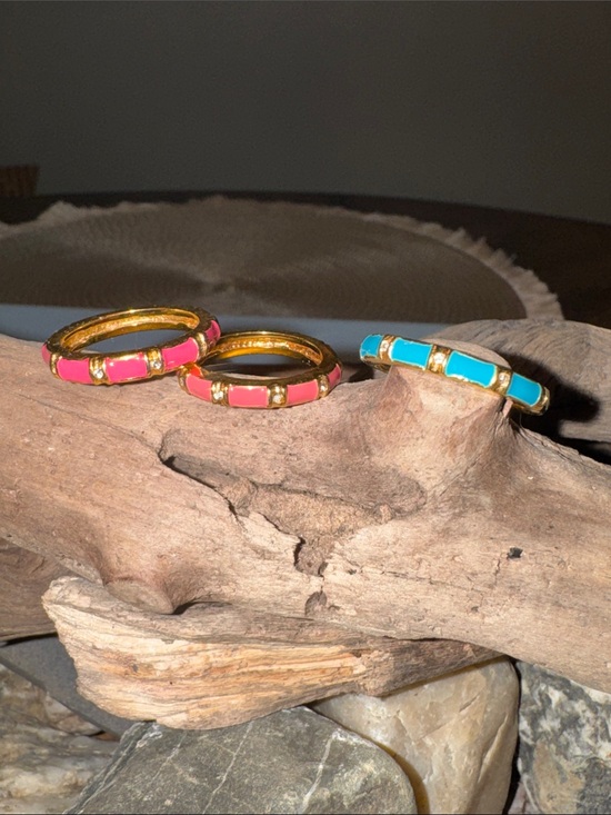Jewelry - Stackable Rings Set of 3- Gold-Tone with Pink and Turquoise Enamel